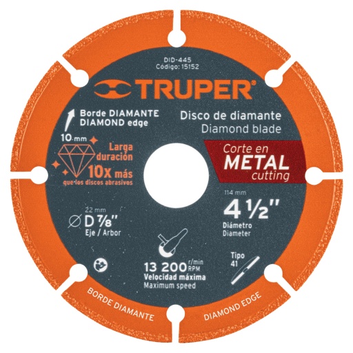 DISCO DE DIAMANTE TRUPER PARA AMOLADORA CORTE DE METAL 115M